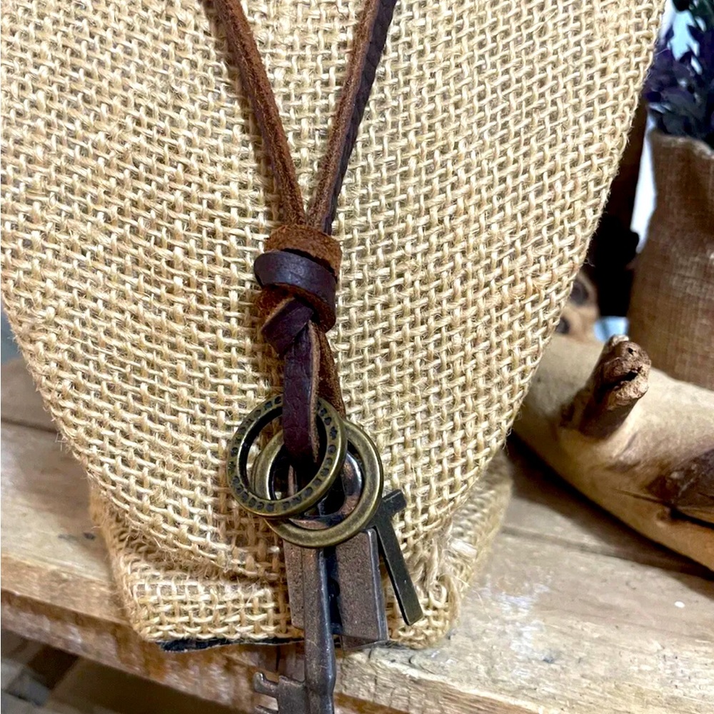 Genuine Leather Brass Engraved Charms Faith Necklace Christian Unisex NEW - Picture 2 of 4
